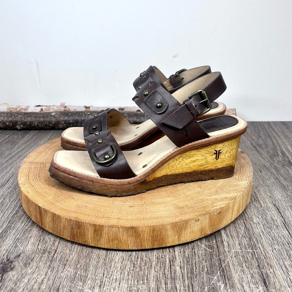 Frye Brown Leather Wedge Sandals with Wood-Effect Platform